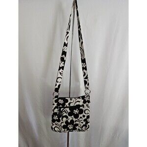 Vera Bradley Night Day Messenger Cross Body Bag Purse Black And White Floral*